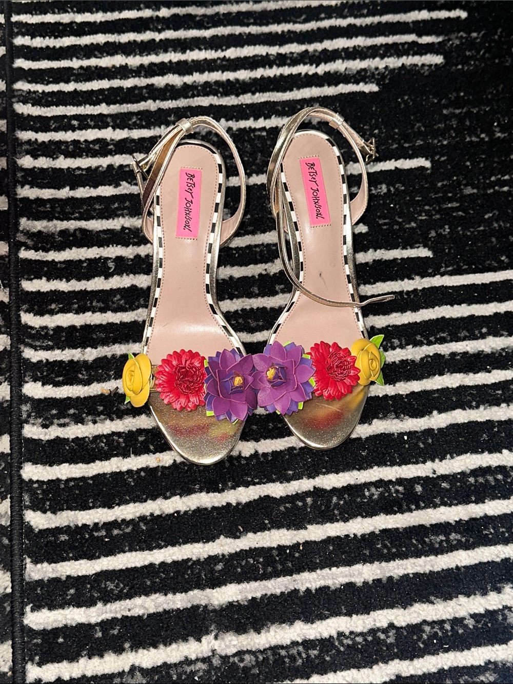 Betsey Johnson Gold Floral Strap Heels with Red, Purple & Yellow Flowers - Picture 2 of 6
